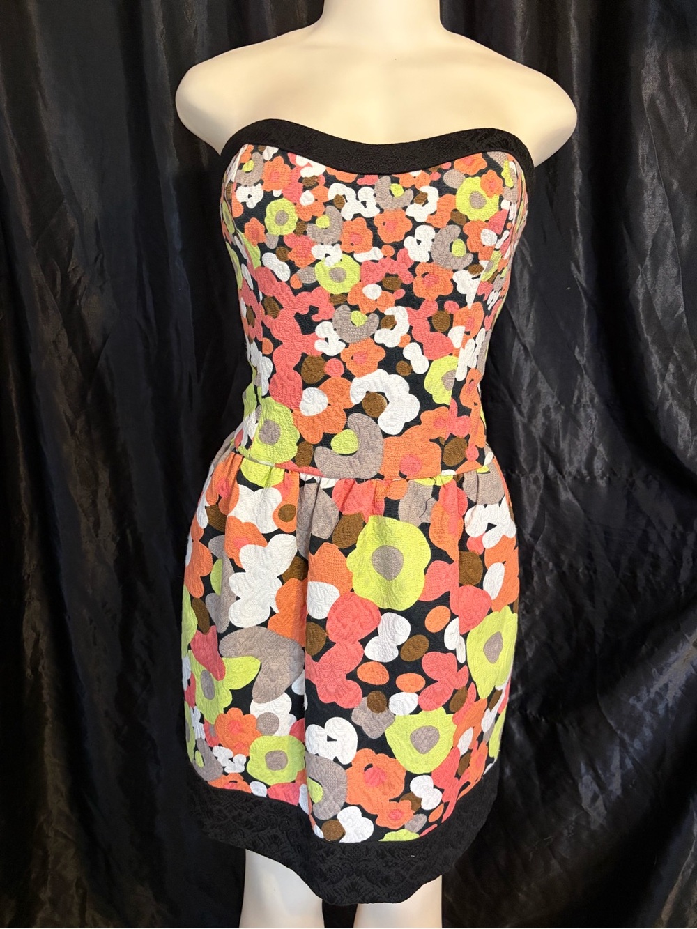 Jessica Simpson Strapless Floral Mini Dress in Coral, Lime & Black